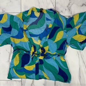 Colorful Leaf Patterned Kimono Style Women's Blouse